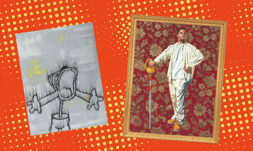 At left: Gary Simmons, Screaming into the Ether (detail) (installation view), 2020, Oil and cold wax on canvas, Virginia Museum of Fine Arts, Gift of the Adolph D. and Wilkins C. Williams Fund, by exchange, and Gift of the Andy Warhol Foundation for the Visual Arts and Arthur and Margaret Glasgow Fund, by exchange, 2021.68. © Gary Simmons. At right: Kehinde Wiley (American, born 1977) (installation view), Willem van Heythuysen, 2006, Oil and enamel on canvas, 96 x 72 in. , Virginia Museum of Fine Arts, Arthur and Margaret Glasgow Fund, 2006.14 © Kehinde Wiley 
