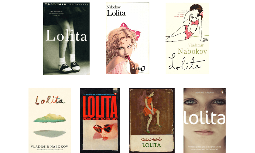 Seven different cover designs for the novel Lolita arranged in two rows.