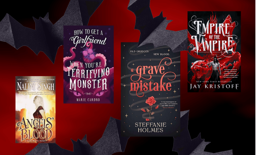 A dark red and black background with four papery bats is covered by four book covers, all paranormal romance titles.