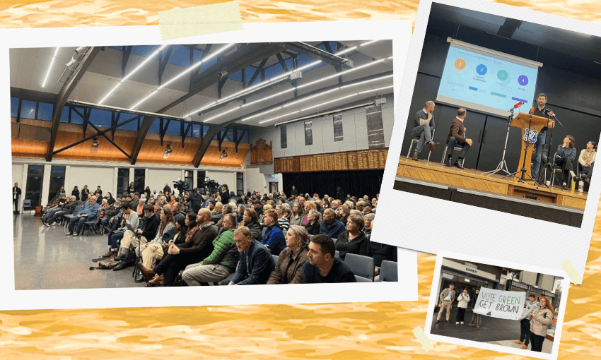 A large audience sits in a hall listening to speakers on a stage; two inset photos show one person speaking at a podium and a group holding a "Vote Green Get Ridin" sign outside.