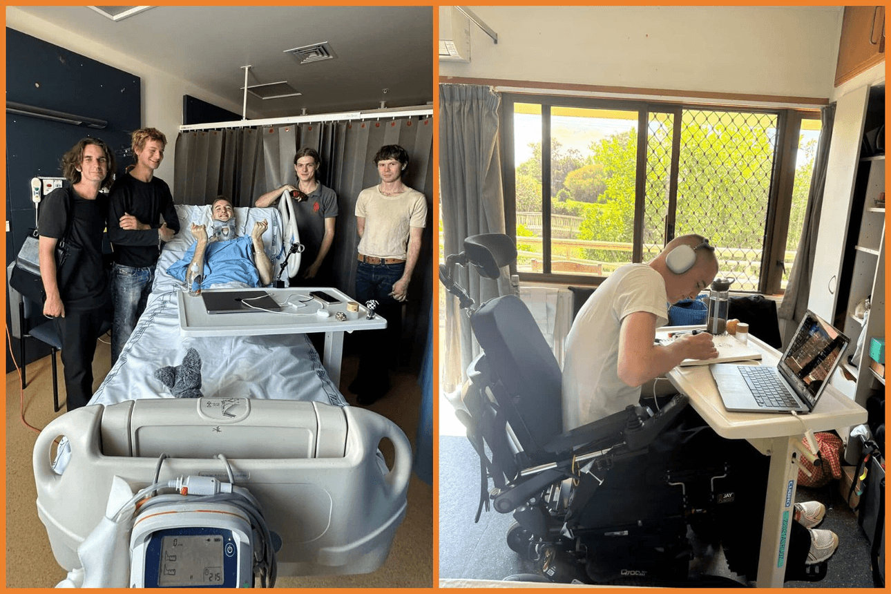 Tom Conway in hospital following his accident, and drawing.