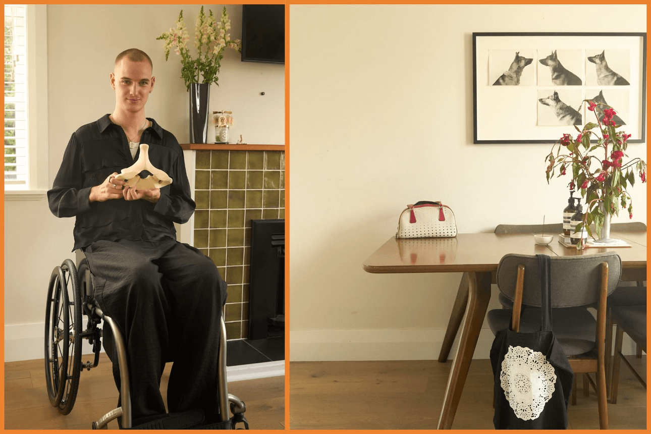 Tom Conway holds a carving of a C7 vertebra. Another piece of art hangs on his wall.