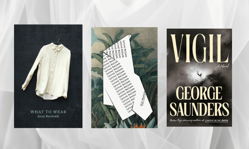 Three book covers side by side with floaty white fabric in the background.