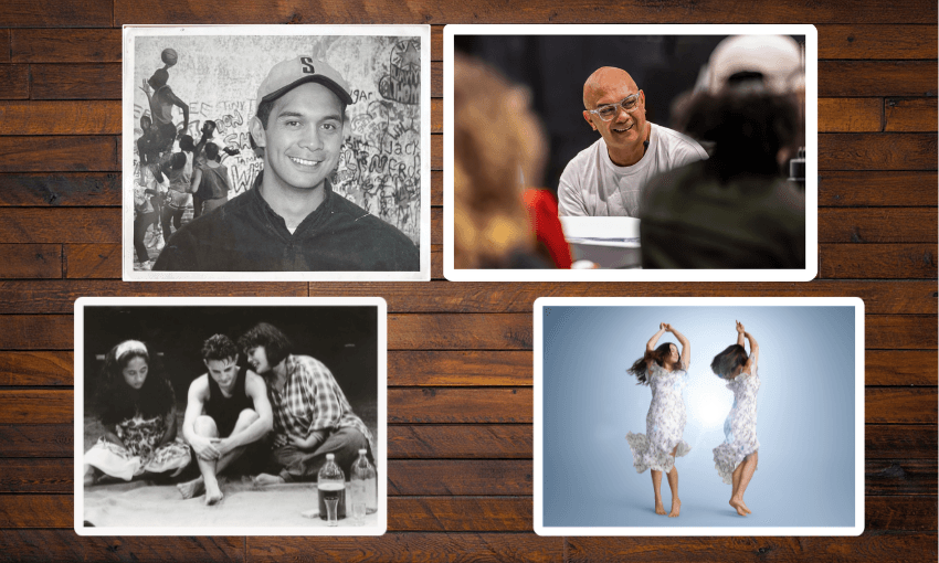 a collage of four photos showing a man smiling in two and performers rehearsing a play in the other two