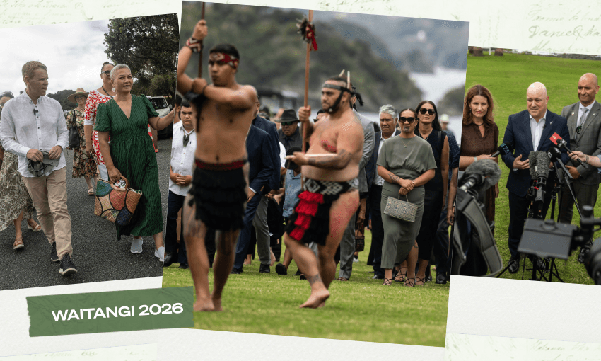 Scenes from Waitangi this week: Chris Hipkins and Marama Davidson on a walkabout; the Māori queen being welcomed; and Nicola Willis, Christopher Luxon and Tama Potaka holding a press conference (Photos: Jason Dorday/New Zealand Herald via Getty Images) 
