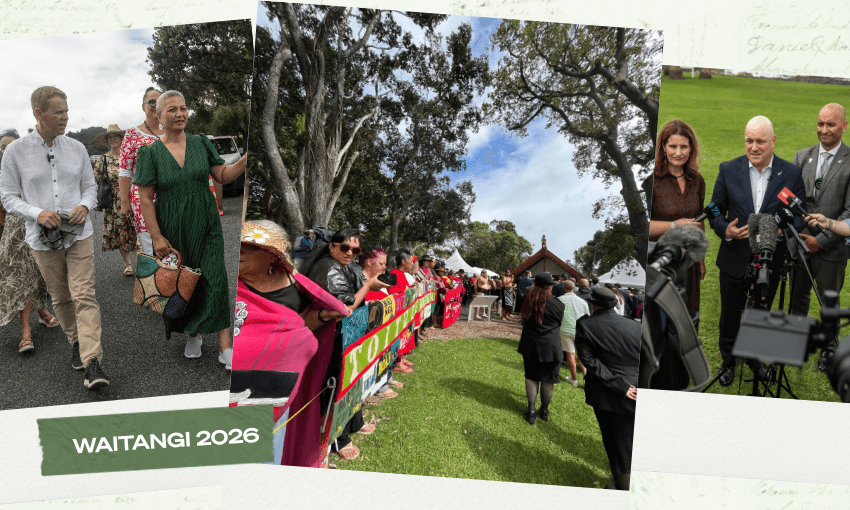 A collage of three photos: people walking together, a crowd lined up near a marae under trees, and a group speaking to media with microphones. Text in the bottom left reads "WAITANGI 2026.