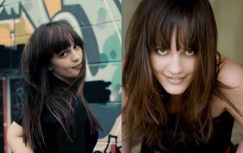 Side-by-side images of a woman with long brown hair and bangs, wearing a black top. The left image shows her outdoors with graffiti behind her, while the right image is a close-up of her smiling indoors.