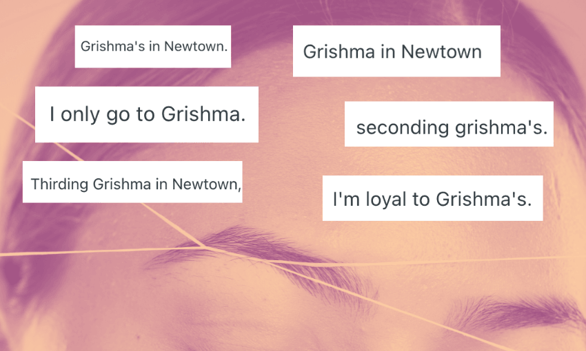 a collage of comments from online reddit users recommending "Grishma" as an eyebrow threader