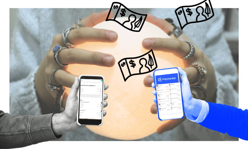 two hands with stock market-like tickers reaching over someone holding a crystal ball