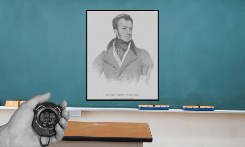 A hand holds a stopwatch in front of a classroom chalkboard with a historical black-and-white portrait of a man in a suit and cravat displayed at the center.