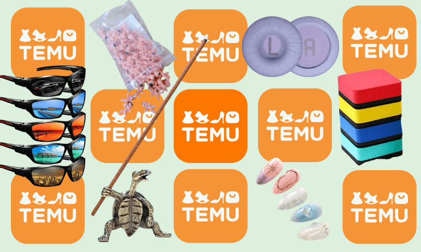 a green background showing different stuff on temy like a turle incense holder and sunglasses overlapping with the logo of the company