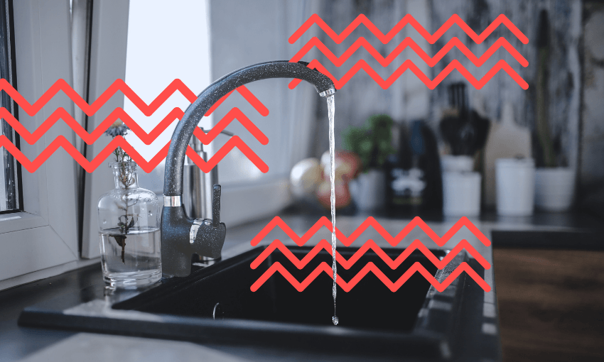 a dark room and some red zigzags with water coming out a tap