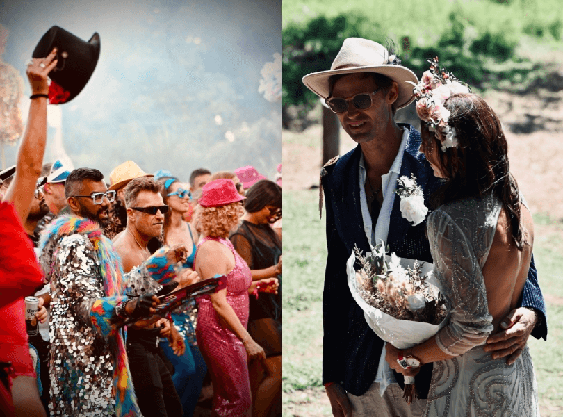 Split image: On the left, people in colorful costumes and hats dance at a lively outdoor festival. On the right, a couple in wedding attire—bride holding a bouquet, groom in a hat—stand close together outdoors.
