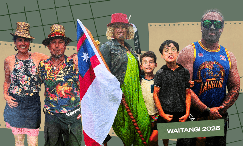 A collage of diverse people smiling and posing, some wearing hats and colorful clothing, one person holds a flag, with two children in the center. In the corner, a man stands next to a "WAITANGI 2026" sign. Geometric shapes form the background.