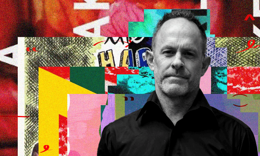 A black and white photo of author Breton Dukes who is a middle-aged man, with a bright collage of book covers behind him.