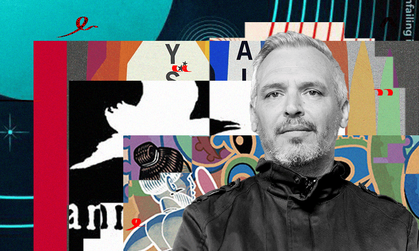 A black and white photo of the author Mat Tait who is a middle aged man. Behind him is a collage made from book covers.