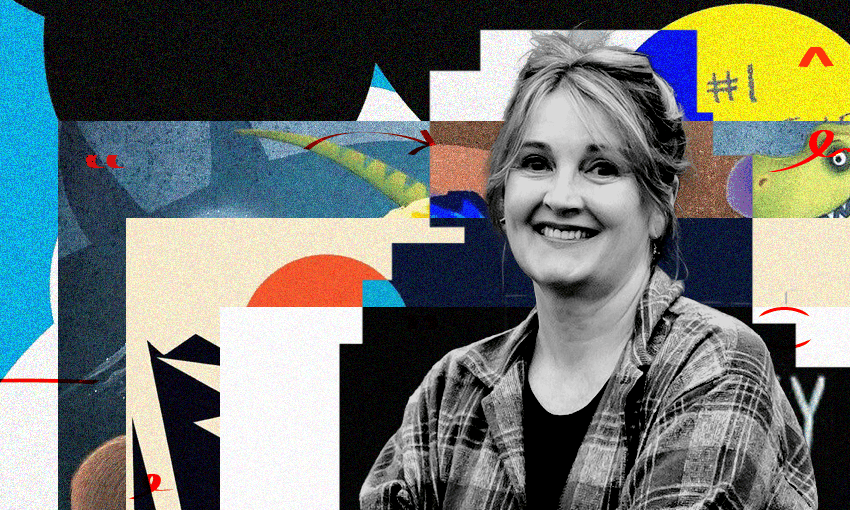 A black and white photo of the author Ruth Paul who is a middle aged woman with her hair tied up, a checked shirt on, and smiling. Behind her is a collage of book covers.