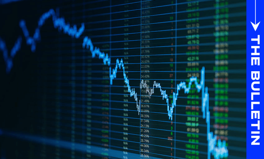 A digital stock market chart displays fluctuating blue and white graph lines over columns of numbers, with "THE BULLETIN" written vertically on a blue bar along the right edge.