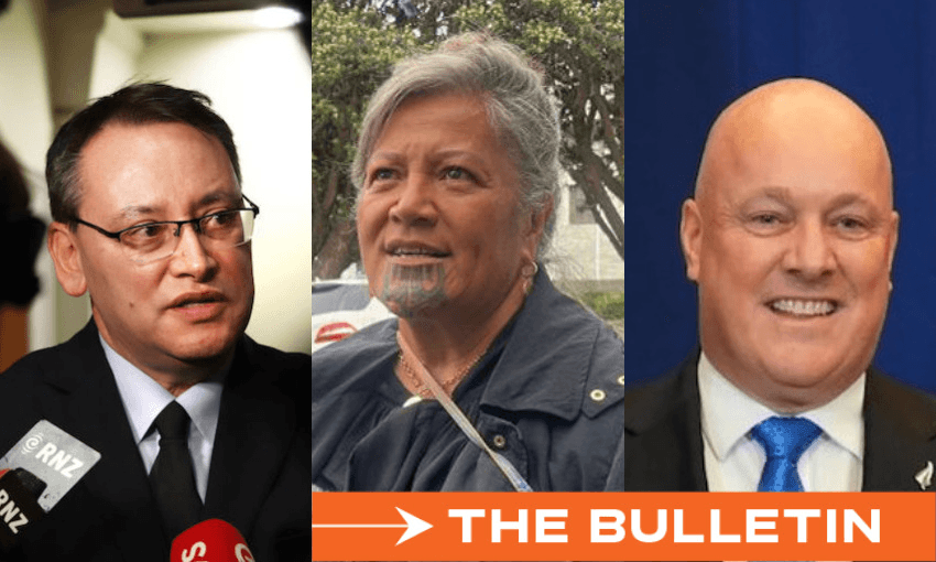 L-R: Retiring National MP Shane Reti, reinstated Te Pāti Māori MP Mariameno Kapa-Kingi, and relieved PM Christopher Luxon. 
