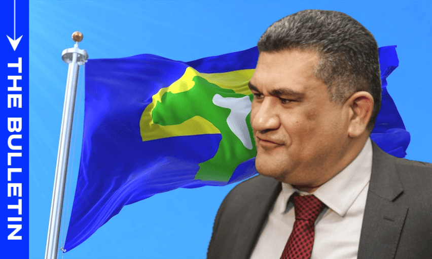 Former Chatham Islands Council chief executive Paul Eagle, with the unofficial Chathams flag in the background.  
