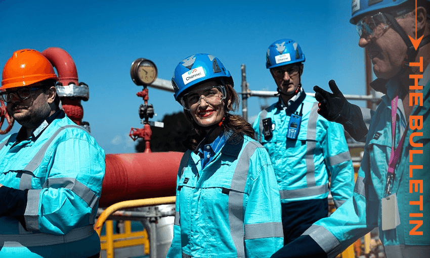 Finance minister Nicola Willis with local MP Grant McCallum and staff from the Marsden Point refinery during a tour on Sunday. (Photo: Dean Purcell/New Zealand Herald via Getty Images)