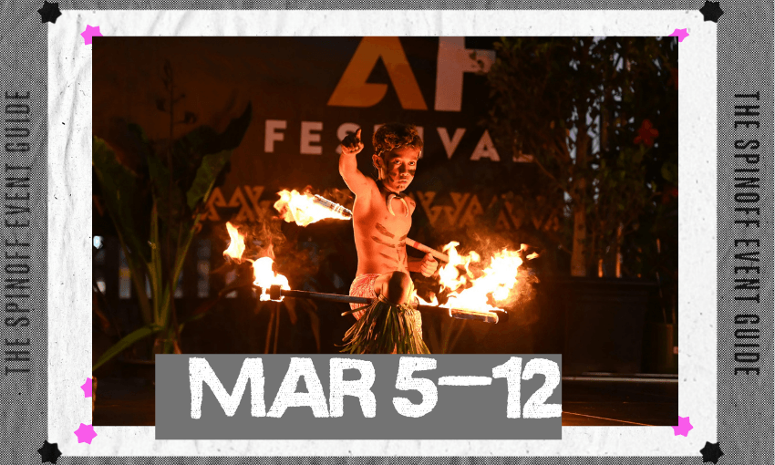 A photo of a young Pasifika boy dancing with fire, within a frame.
