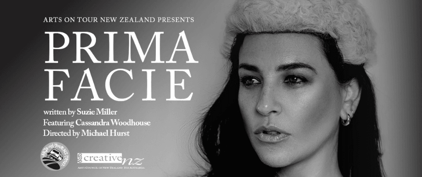 A black and white promotional banner for Prima Facie which shows a woman's face wearing a layer's wig.