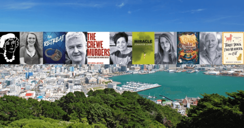 A photo of Wellington's harbour on a fine day is overlaid with author photos and book covers.
