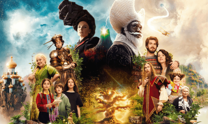 A poster for the movie The Magic Faraway Tree which shows all of the characters, the tree and some of the lands.