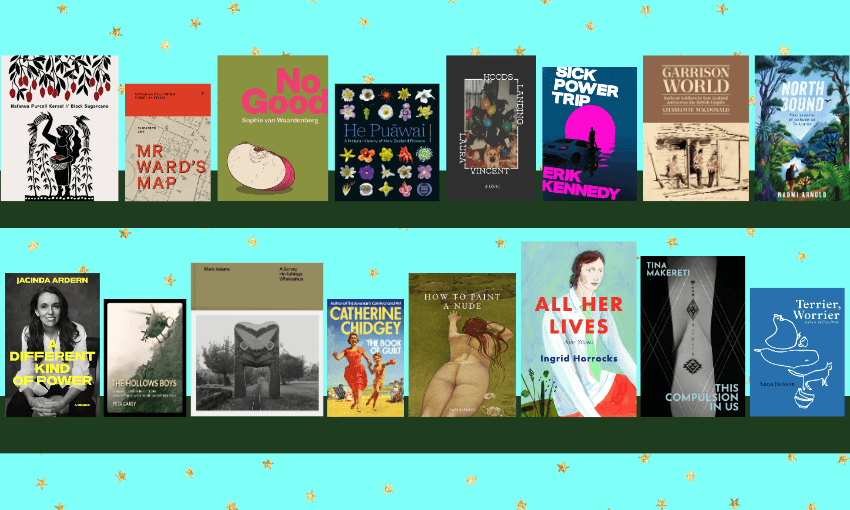 Sixteen book coves arranged into two lines with a bright blue background.