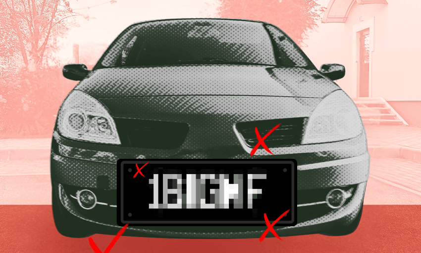A car viewed from the front with a pixelated license plate and three red X marks indicating areas of interest on the plate and bumper. The background is rendered in shades of red.