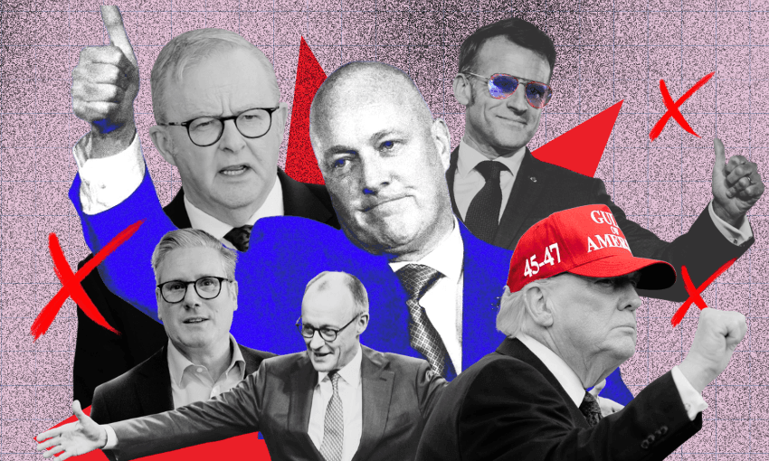 Clockwise from centre: Christopher Luxon, Emmanuel Macron, Donald Trump, Friedrich Merz, Keir Starmer, Anthony Albanese. 

