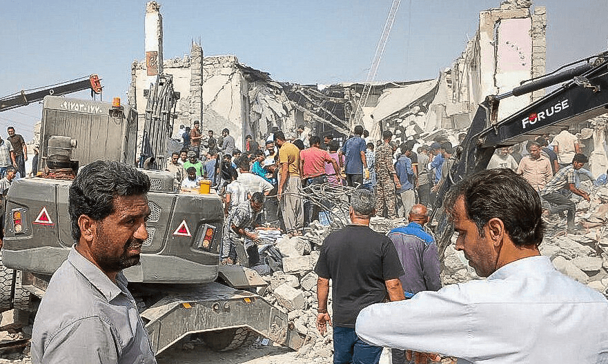 The site of a strike on a girls’ school in Minab, in Iran’s southern Hormozgan province, on February 28, 2026, This picture obtained from Iran’s ISNA news agency. (Photo by ALI NAJAFI / ISNA / AFP via Getty Images) 

