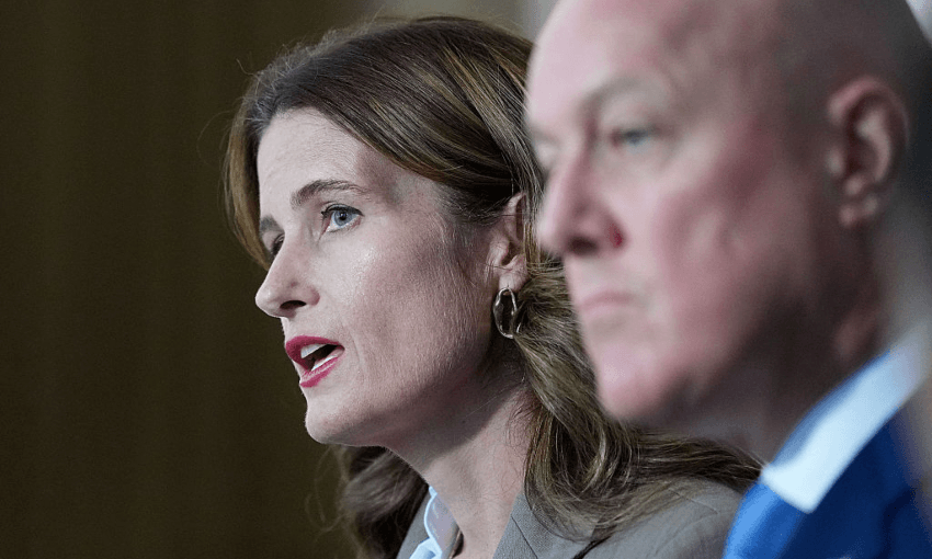 Nicola Willis and Christopher Luxon at a press conference about the fuel crisis last week. (Photo by Marty MELVILLE / AFP via Getty Images) 
