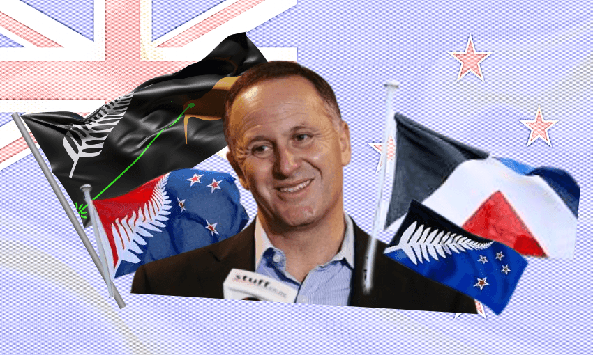 A smiling man stands in front of four New Zealand flag designs and a large faded flag background, with a pastel-toned filter and microphone visible in the foreground.