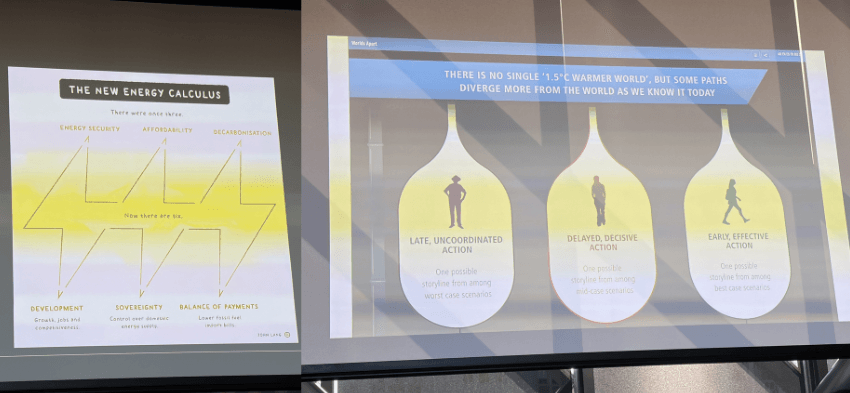 Two infographics displayed on a projector screen. Both explain climate information.