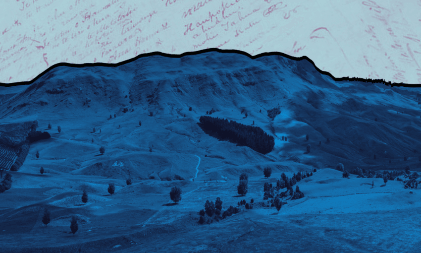 A landscape of rolling hills and scattered trees in blue tones, with a torn paper edge above, revealing handwritten notes in pink ink on a light blue background.