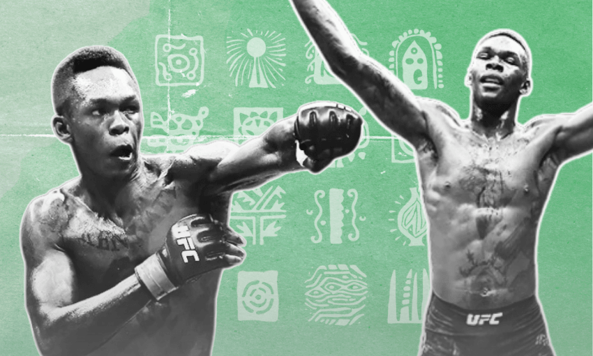 Two images of an MMA fighter with raised arms and UFC gloves is featured on a green background with tribal patterns. One is throwing a punch; the other stands celebrating, arms up.