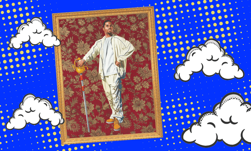 A framed portrait of a person in white clothing and orange shoes, holding a staff, stands against a red floral background. Cartoon clouds and a blue pop art dotted background surround the portrait.
