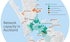 Map of Auckland showing water network capacity. Areas are shaded by capacity: green (with capacity), teal (closely monitored), blue-green (limited capacity), orange (no capacity now/long-term), and labeled locations.