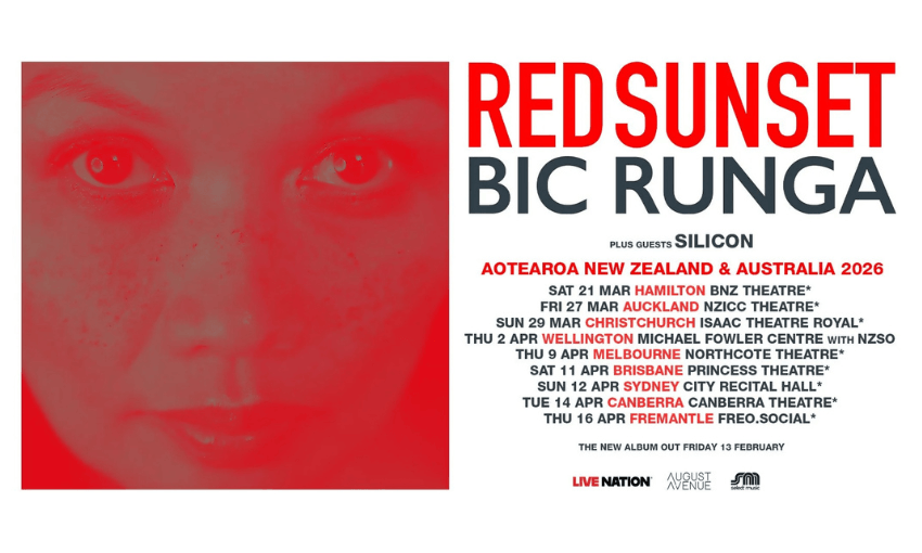 A promotional banner for Bic Runga's Red Sunset tour which has a red image of the singer's face, close up, with red and black info text beside it.