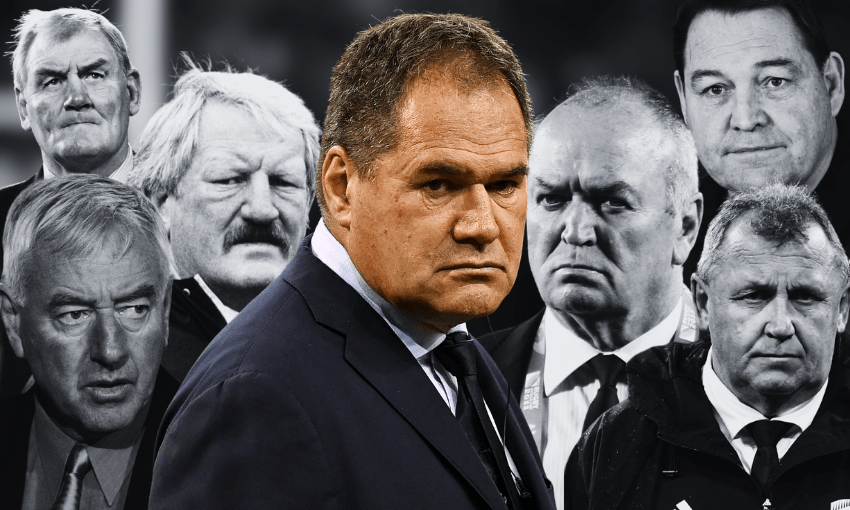 A serious-looking man in a suit is in the foreground, with seven other men in suits and coats behind him, all with stern or neutral expressions. The background is black and white; the foreground man is shown in color.