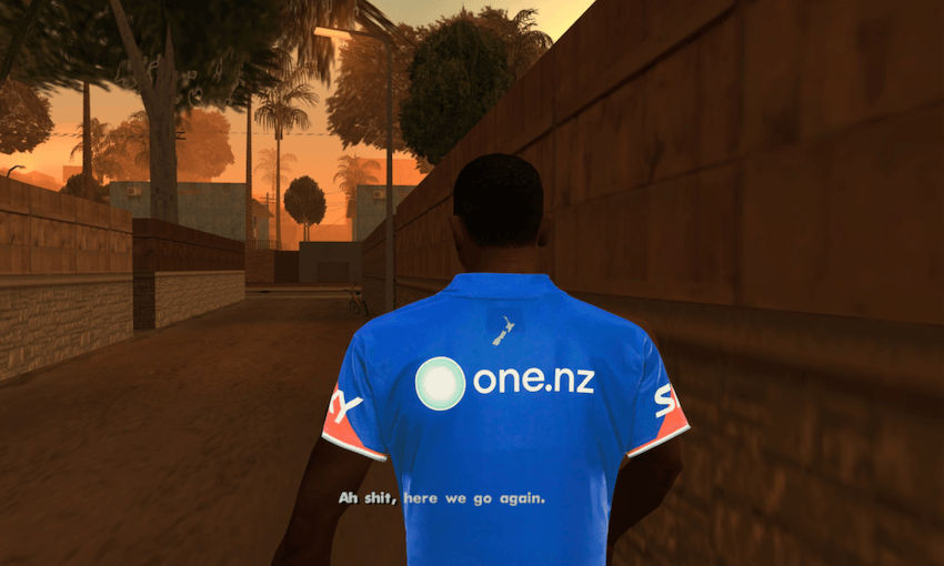 A man in a blue "one.nz" shirt walks down an alley at sunset in a video game. The screen displays the text, "Ah shit, here we go again.