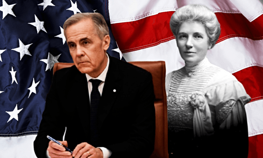 leading US envoy Mark Carney, observed here disapprovingly by renowned Australian Kate Sheppard. Photo via Getty 
