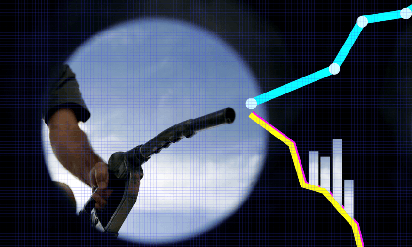 A person holds a gas pump nozzle, seen through a circular frame, with upward and downward trending graph lines and bar charts overlaid, symbolizing fluctuating fuel prices.