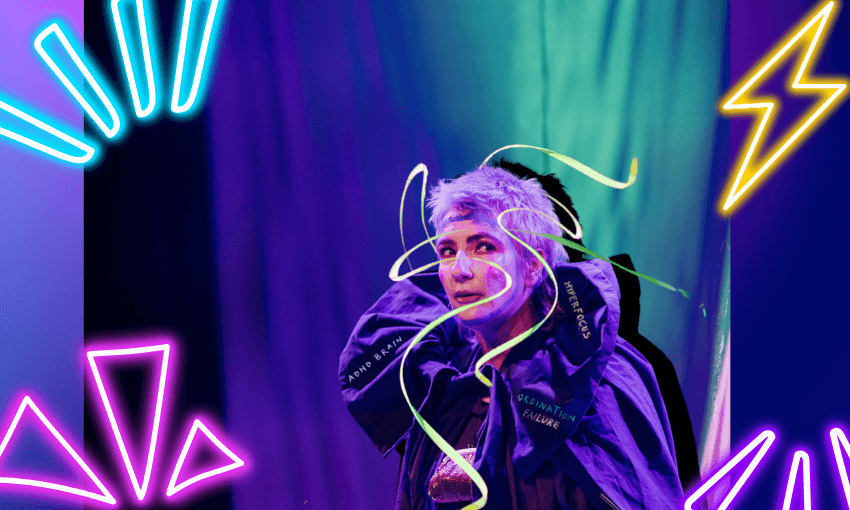 A woman is in costume on a stage with a neon ribbon whizzing around their head. There are neon graphics overlaid.