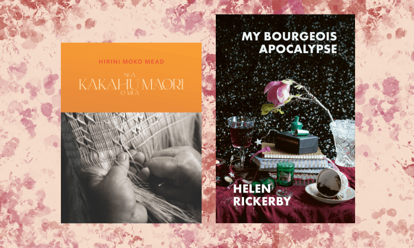 Two book covers side by side with a pale background speckled with maroon spots in the background.