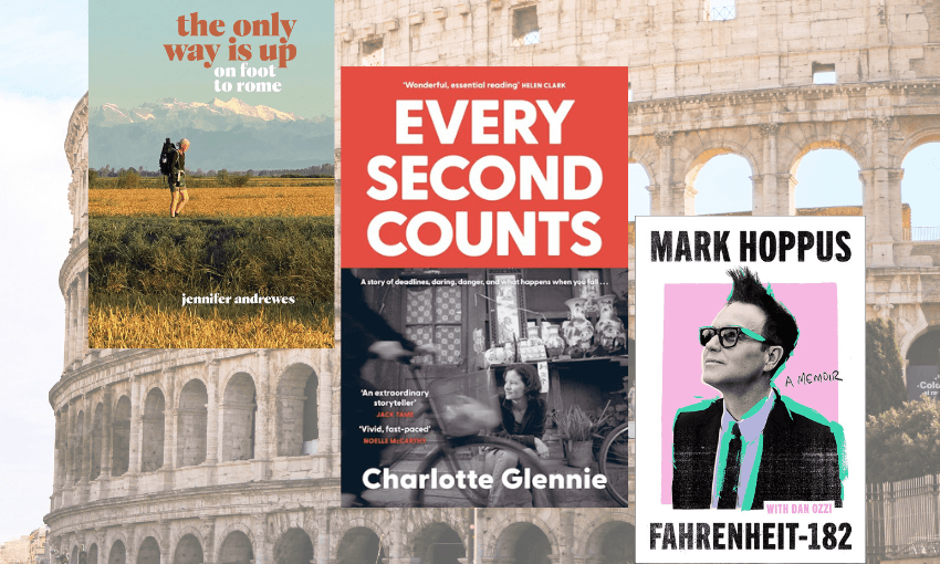 Three book covers arranged side by side but sliding down the page with a photo of the colosseum in the background.