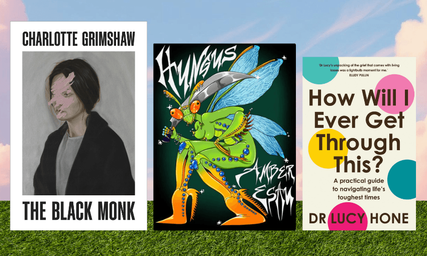 Three book covers arranged on top of grass and a light pink and blue sky.