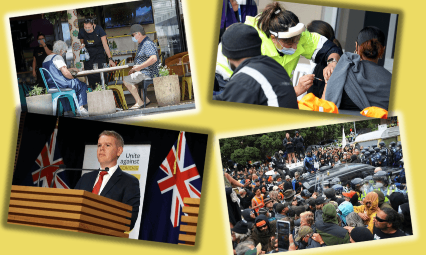 A collage of four images: people dining outdoors, healthcare workers giving vaccinations, a government official at a podium with New Zealand flags, and a large crowd gathered around police and vehicles.